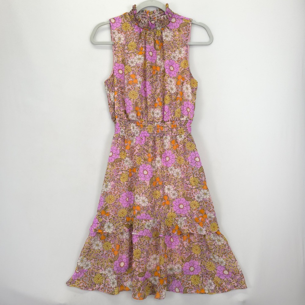 Emma & Michele Floral Tiered Midi Dress Sleeveless Mock Neck Pink Orange Women S